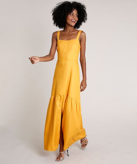 vestido longo cor mostarda