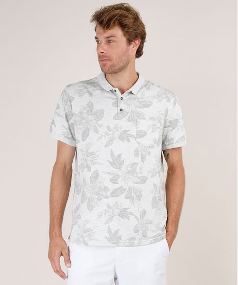 Polo-Masculina-Estampada-de-Folhagem-com-Bolso-Manga-Curta-Cinza-Mescla-Claro-9534411-Cinza_Mescla_Claro_1
