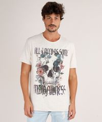 Camiseta-Masculina-Caveira-com-Flores-Manga-Curta-Gola-Careca-Bege-Claro-9760042-Bege_Claro_1