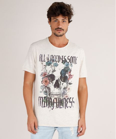 Camiseta-Masculina-Caveira-com-Flores-Manga-Curta-Gola-Careca-Bege-Claro-9760042-Bege_Claro_1