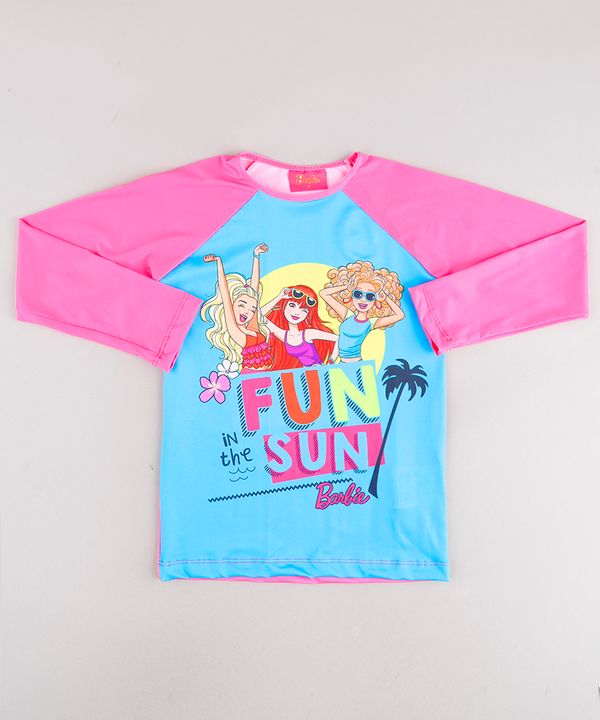 Blusa de Praia Infantil Barbie Raglan Manga Longa com Proteção UV50+ Rosa Neon 4