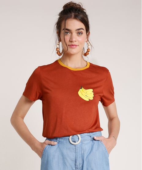 Blusa-Feminina-Agua-de-Coco-com-Patch-de-Banana-Manga-Curta-Decote-Redondo-Cobre-9762760-Cobre_1