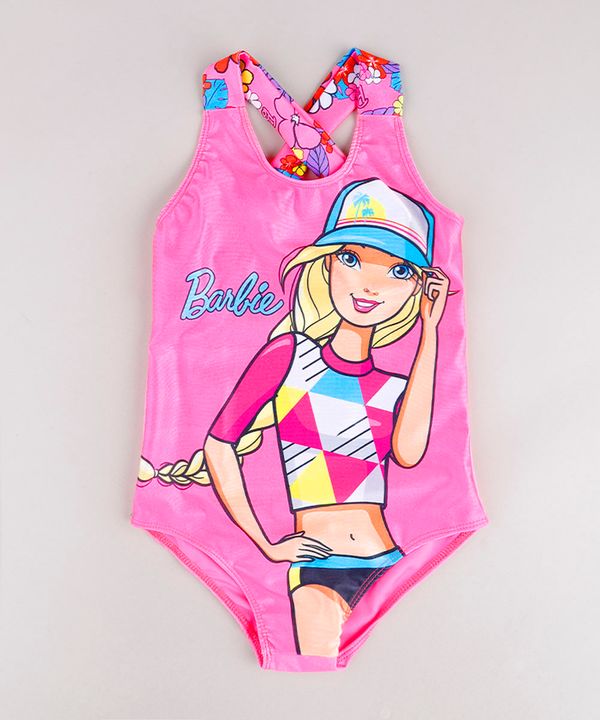 Maiô Infantil Barbie com Alças Cruzadas Proteção UV50+ Rosa Neon 6