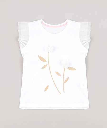 Blusa-Infantil-com-Estampa-de-Flores-e-Pompom-Manga-Curta--Off-White-9758259-Off_White_1