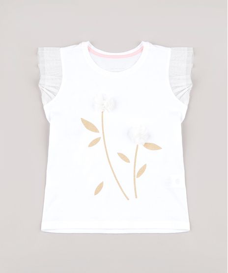 Blusa-Infantil-com-Estampa-de-Flores-e-Pompom-Manga-Curta--Off-White-9758259-Off_White_1
