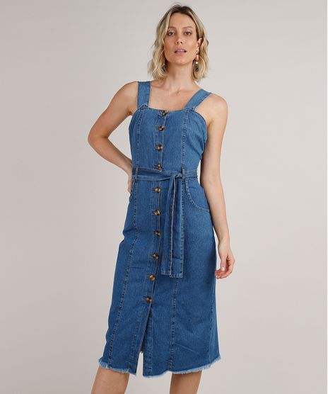 Vestido-Jeans-Feminino-Midi-com-Botoes-e-Faixa-para-Amarrar-Alca-Larga-Azul-Medio-9830495-Azul_Medio_1