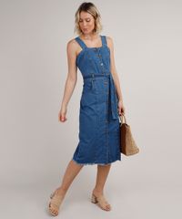 Vestido-Jeans-Feminino-Midi-com-Botoes-e-Faixa-para-Amarrar-Alca-Larga-Azul-Medio-9830495-Azul_Medio_3