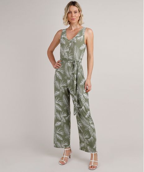 Macacao-Feminino-Estampado-de-Folhagem-com-Faixa-para-Amarrar-Sem-Manga-Verde-9845070-Verde_1