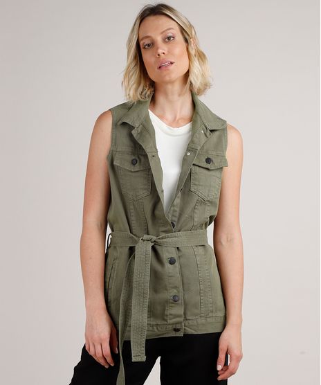Colete-de-Sarja-Feminino-Longo-com-Bolsos-e-Faixa-para-Amarrar-Verde-Militar-9758588-Verde_Militar_1