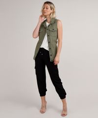 Colete-de-Sarja-Feminino-Longo-com-Bolsos-e-Faixa-para-Amarrar-Verde-Militar-9758588-Verde_Militar_3