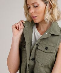 Colete-de-Sarja-Feminino-Longo-com-Bolsos-e-Faixa-para-Amarrar-Verde-Militar-9758588-Verde_Militar_4