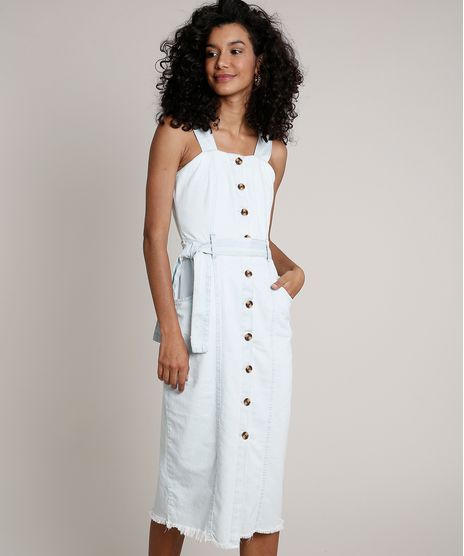 Vestido-Jeans-Feminino-Midi-com-Botoes-e-Faixa-para-Amarrar-Alca-Larga-Azul-Claro-9830494-Azul_Claro_1