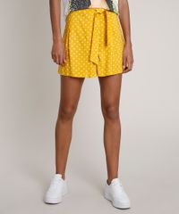 Short-Feminino-com-Pregas-e-Amarracao-Estampado-de-Poa-Mostarda-9681366-Mostarda_1