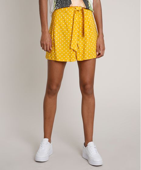 Short-Feminino-com-Pregas-e-Amarracao-Estampado-de-Poa-Mostarda-9681366-Mostarda_1