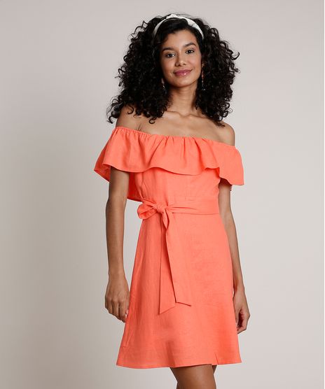 Vestido-Feminino-Curto-Ciganinha-com-Linho-e-Faixa-para-Amarrar--Coral-9674184-Coral_1