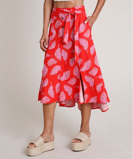 Saia-Feminina-Midi-Estampada-de-Folhagem-em-Linho-com-Botoes-Vermelha-9685464-Vermelho_1