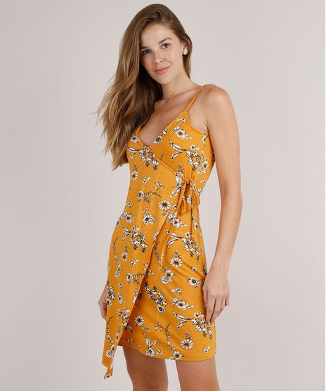 Vestido-Feminino-Curto-Estampado-Floral-com-Transpasse-Alcas-Finas-Mostarda-9824562-Mostarda_1