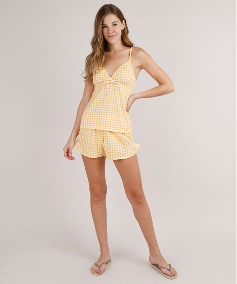 Short-Doll-Feminino-Estampado-Xadrez-Vichy-Amarelo-9733178-Amarelo_1