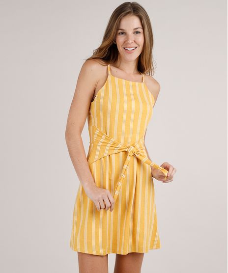Vestido-Feminino-Curto-Listrado-Com-Amarracao-Alcas-Finas-Mostarda-9824564-Mostarda_1