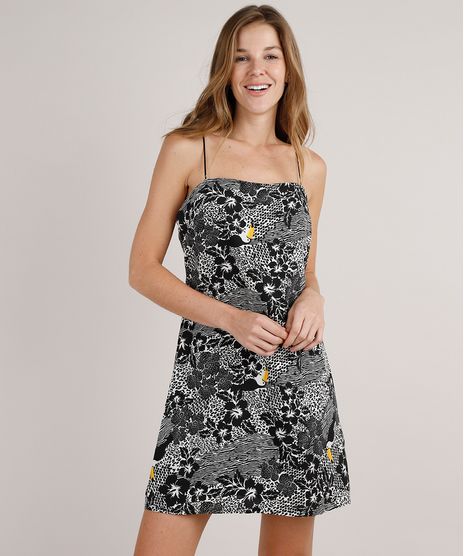 Vestido-Feminino-Curto-com-Linho-Estampado-de-Tucanos-Alcas-Finas-Preto-9792924-Preto_1
