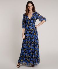 Vestido-Feminino-Mindset-Longo-Estampado-Floral-em-Tule-Manga-3-4-Preto-9861981-Preto_1
