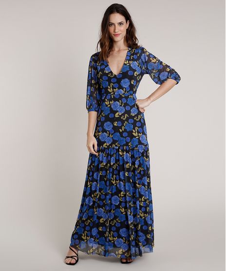 Vestido-Feminino-Mindset-Longo-Estampado-Floral-em-Tule-Manga-3-4-Preto-9861981-Preto_1