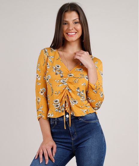 Blusa-Feminina-Estampada-Floral-com-Franzido-Manga-3-4-Decote-V-Mostarda-9824832-Mostarda_1