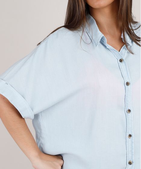 Camisa Jeans Feminina Oversized Manga Curta Azul Claro Cea