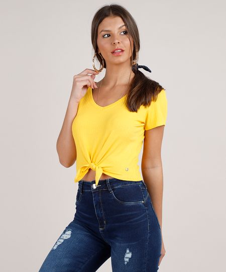 Blusa-Feminina-Cropped-Canelada-com-No-Manga-Curta-Decote-V-Amarela-9528490-Amarelo_1_1
