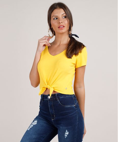 Blusa-Feminina-Cropped-Canelada-com-No-Manga-Curta-Decote-V-Amarela-9528490-Amarelo_1_1