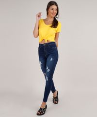 Blusa-Feminina-Cropped-Canelada-com-No-Manga-Curta-Decote-V-Amarela-9528490-Amarelo_1_3