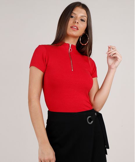Blusa-Feminina-Canelada-com-Ziper-de-Argola-Manga-Curta-Gola-Alta-Vermelha-9680111-Vermelho_1