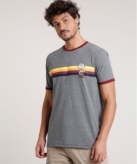Camiseta-Masculina-Charlie-Brown-Snoopy-com-Listras-Manga-Curta-Gola-Careca-Cinza-Mescla-Escuro-9800799-Cinza_Mescla_Escuro_1