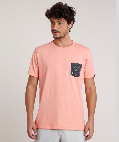 Camiseta-Masculina-com-Bolso-Estampado-de-Barcos-Manga-Curta-Gola-Careca-Coral-9737040-Coral_1