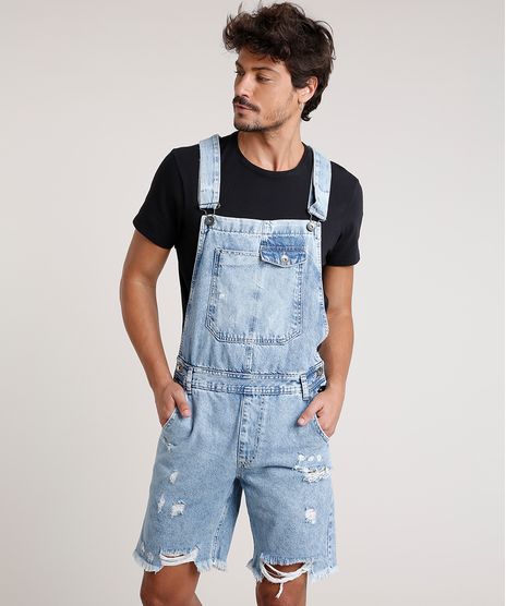jardineira jeans curta masculina