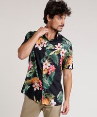 Camisa-Masculina-Tradicional-Estampada-de-Abacaxi-Manga-Curta-Preta-9729726-Preto_1