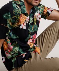 Camisa-Masculina-Tradicional-Estampada-de-Abacaxi-Manga-Curta-Preta-9729726-Preto_4