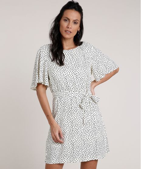 Vestido-Feminino-Curto-Estampado-de-Poa-com-Faixa-para-Amarracao-Manga-Curta-Bege-Claro-9703470-Bege_Claro_1