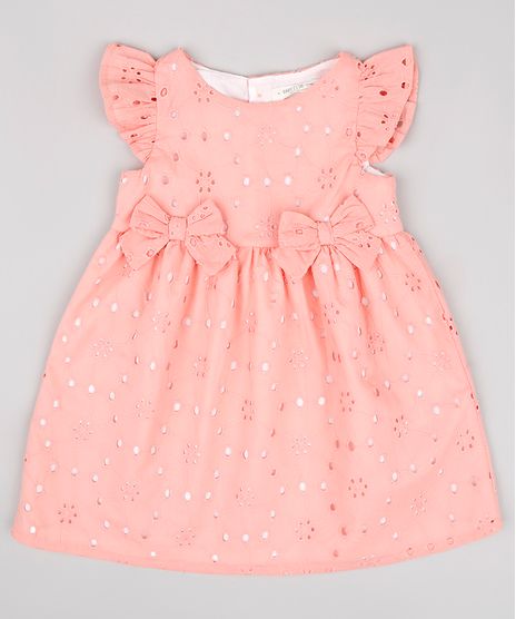 Vestido-Infantil-em-Laise-com-Babado-e-Laco-Sem-Manga-Coral-9676162-Coral_1