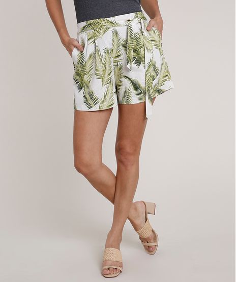 Short-Feminino-Estampado-de-Folhagem-em-Linho-com-Faixa-para-Amarrar-Bege-Claro-9684645-Bege_Claro_1