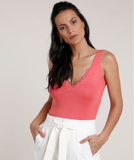 Regata-Feminina-em-Trico-com-Renda-Alca-Media-Decote-V-Coral-9683666-Coral_1