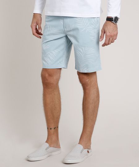 Bermuda-de-Sarja-Masculina-Reta-Alfaiatada-Estampada-de-Folhagem-Azul-Claro-9656989-Azul_Claro_1