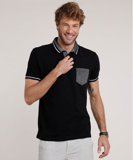 Polo-Masculina-Comfort-Fit-em-Piquet-com-Bolso-Estampado-Manga-Curta-Preta-9726238-Preto_1