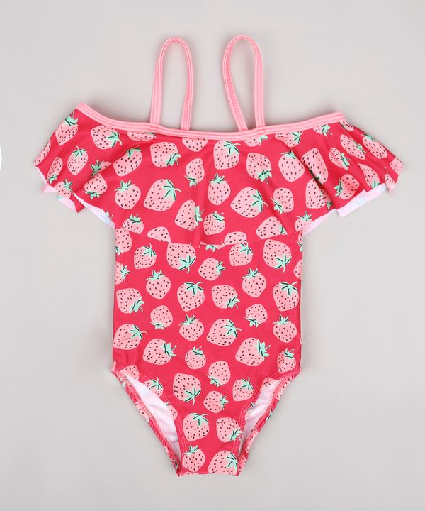 Maiô Infantil com Babado Estampado de Morango Proteção UV50+ Rosa Escuro 1
