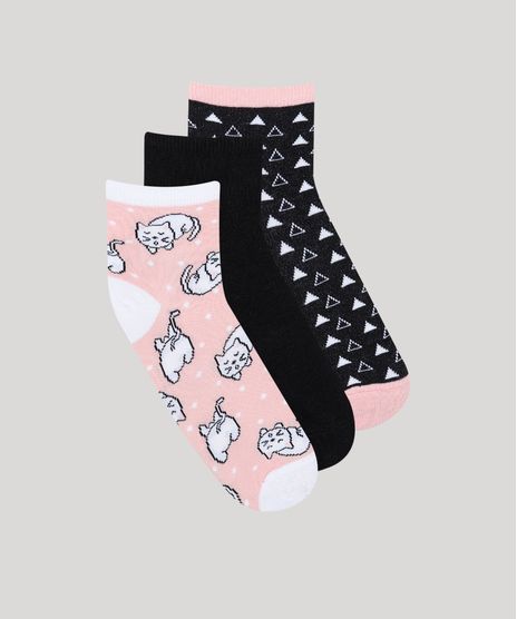 Kit-de-3-Meias-Femininas-Cano-Medio-Gato-Multicor-9805256-Multicor_1