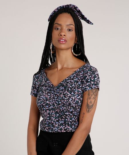 Blusa-Feminina-Estampada-Floral-Manga-Curta-Decote-V---Elastico-de-Cabelo-Scrunchie-Preta-9791739-Preto_1