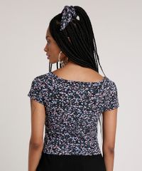 Blusa-Feminina-Estampada-Floral-Manga-Curta-Decote-V---Elastico-de-Cabelo-Scrunchie-Preta-9791739-Preto_2