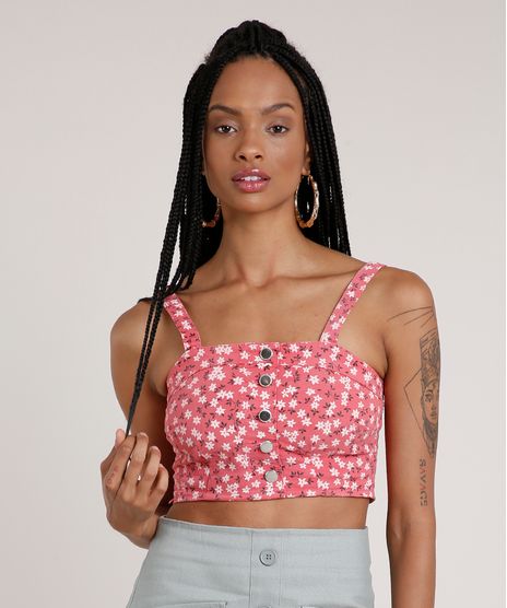 Top-Cropped-de-Sarja-Feminino-Estampado-Floral-com-Botoes-Alca-Media-Decote-Reto-Rosa-Escuro-9833543-Rosa_Escuro_1