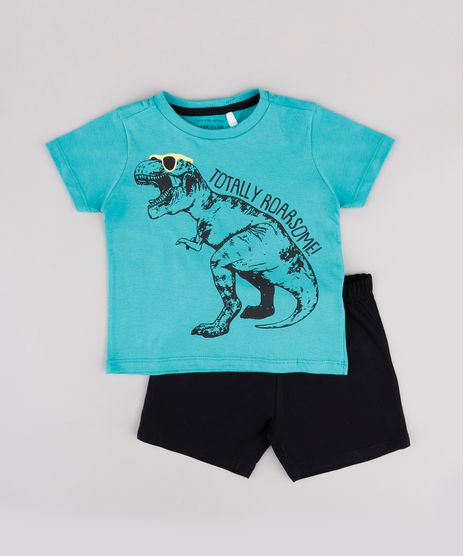 Conjunto-Infantil-de-Camiseta-Dinossauro-Manga-Curta-Verde-Agua---Short-em-Moletom--Preto-9843690-Preto_1
