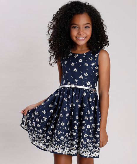 Vestido-Infantil-Estampado-Floral-com-Cinto-Metalizado-Sem-Manga-Azul-Marinho-9675857-Azul_Marinho_1